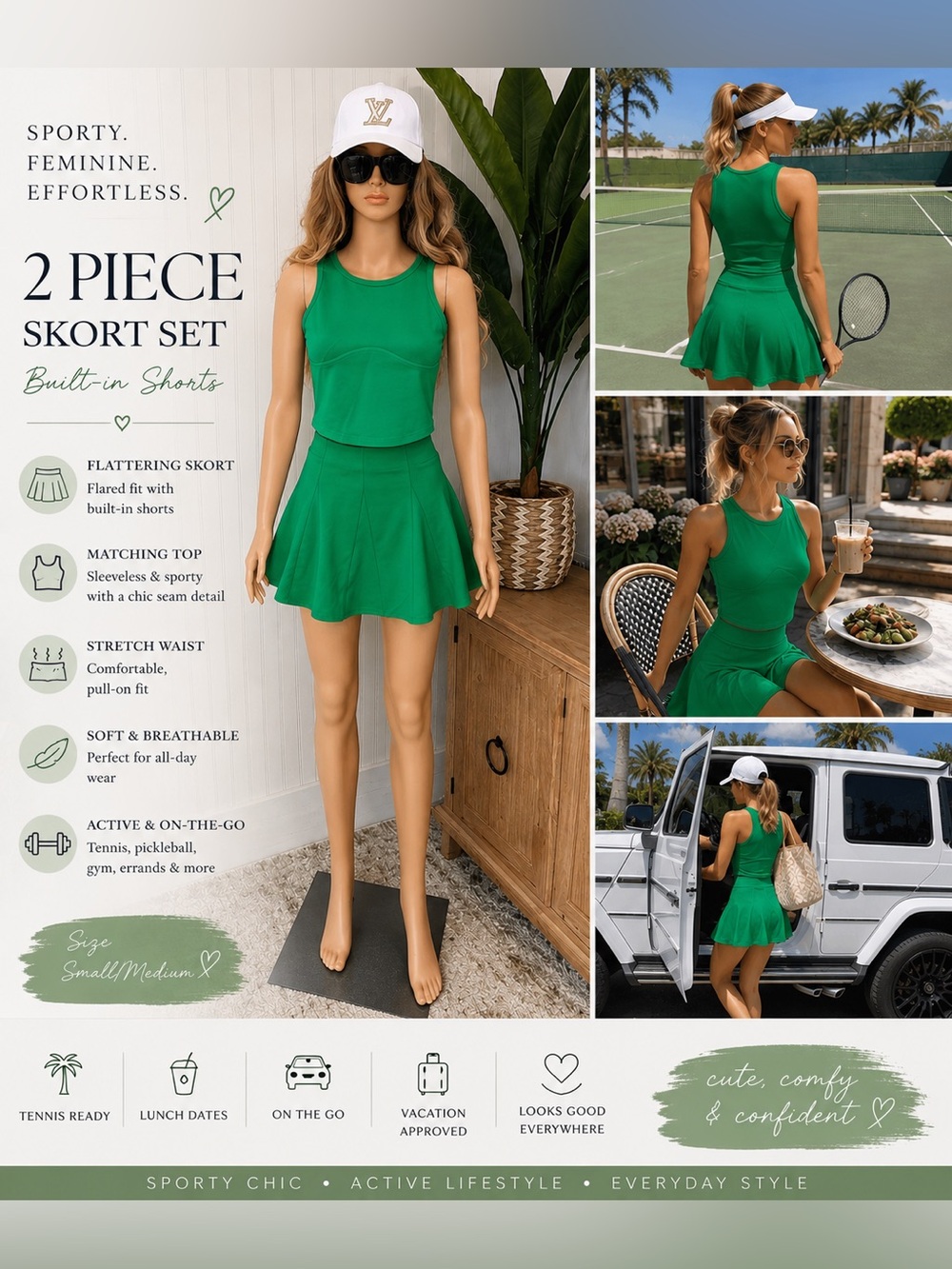 Green 2-Piece Skort Set - Sleeveless Sporty Top & Flared Skort
